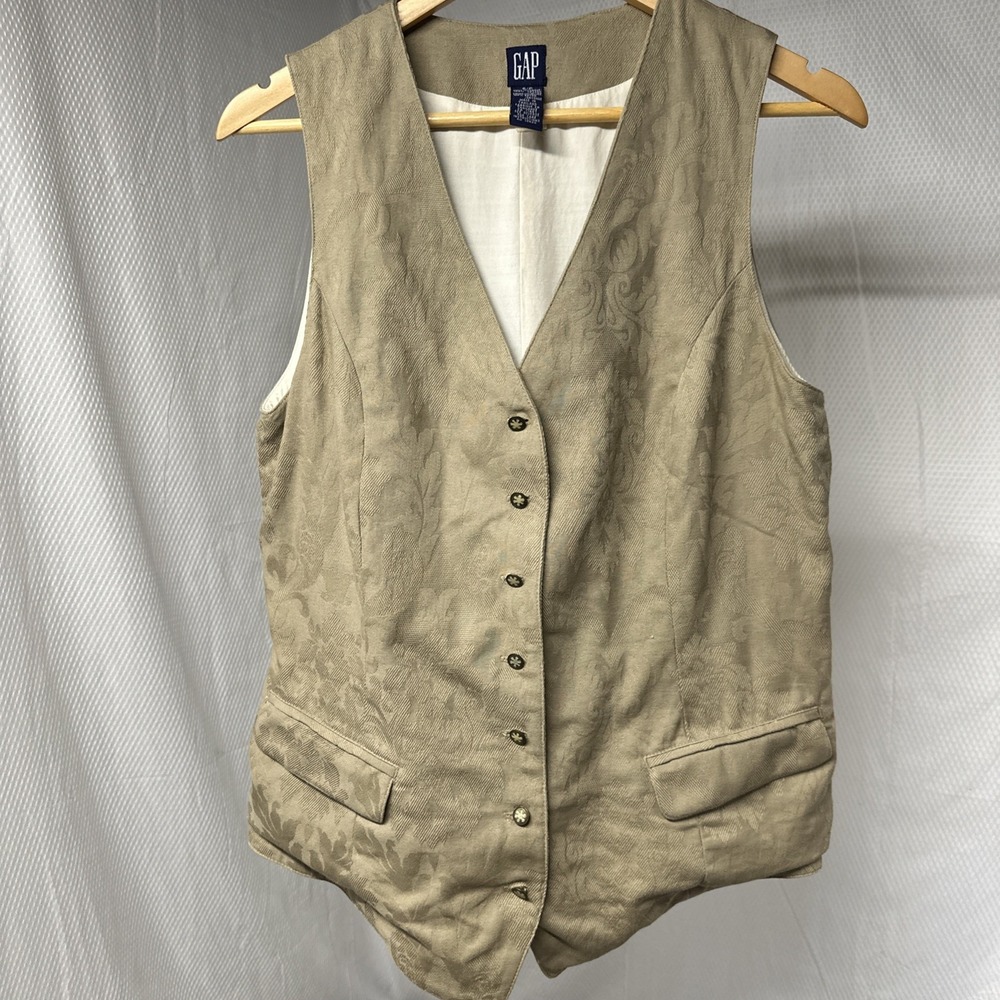 Y2K Small GAP Vest Women Small Tan Excellent  Jacquard Button Front‎ V-Neck